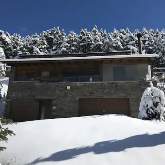 Stone chalet under snow-covered pines